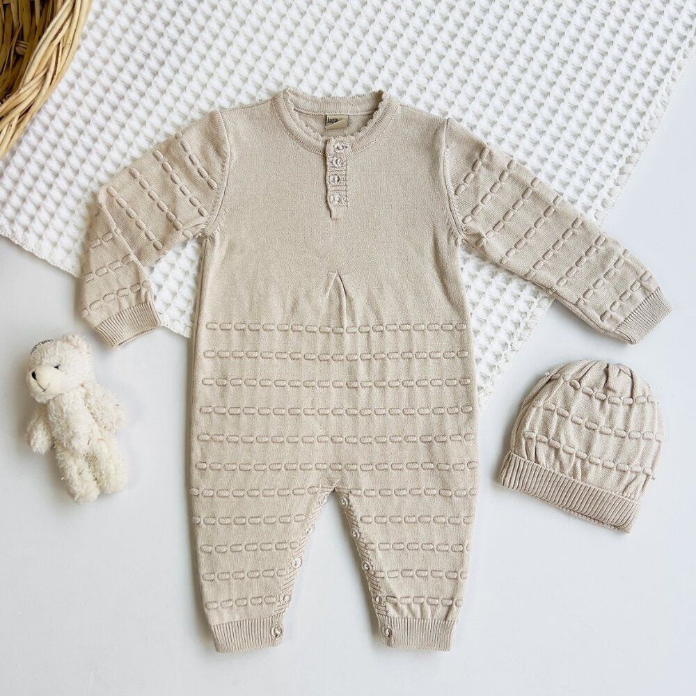 Baby Knit Jumpsuit with Applique and Beanie Jumper | 100% Cotton Fall Wi…